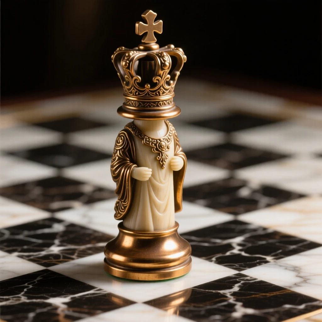 A carved ivory chess king standing on a marble board, rendered with exquisite, luminous detail, radiating elegance and refinement