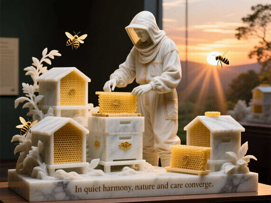 A vivid, emotionally rich scene of a beekeeper tending golden hives at sunset, in a moment of quiet stillness, designed to captivate and inspire