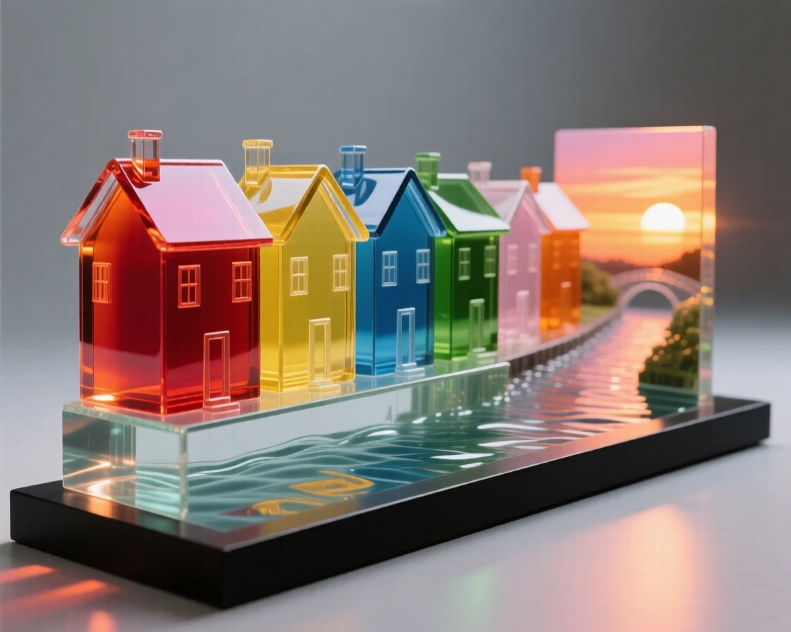 A row of colorful houses lining a canal at sunset as the last light of day catches the surrounding rooftops