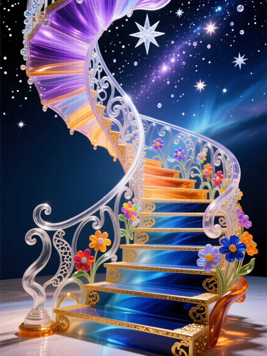 A staircase spiraling endlessly into a starry sky, dreamlike and infinite.