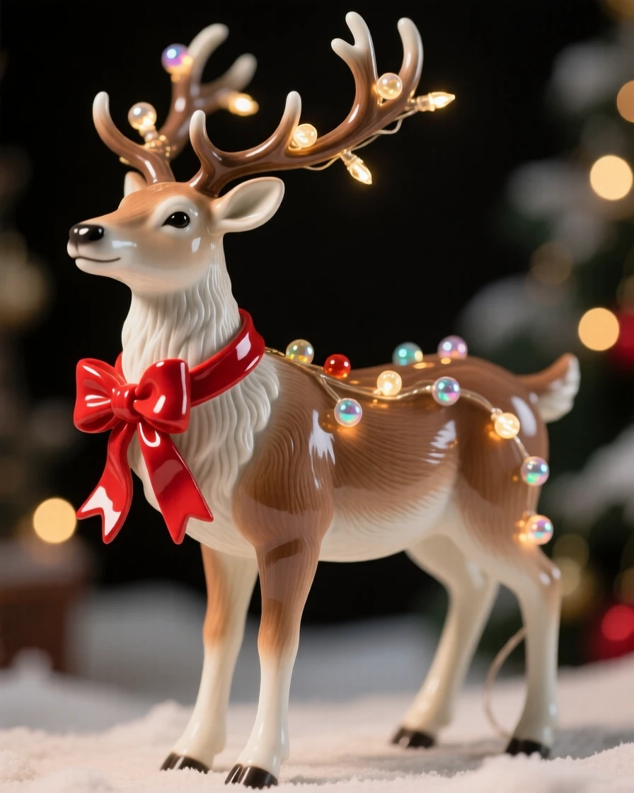 A reindeer with a bright red ribbon around its neck arranged as a festive centerpiece, dotted with tiny twinkling lights, evoking festive joy and warm togetherness.