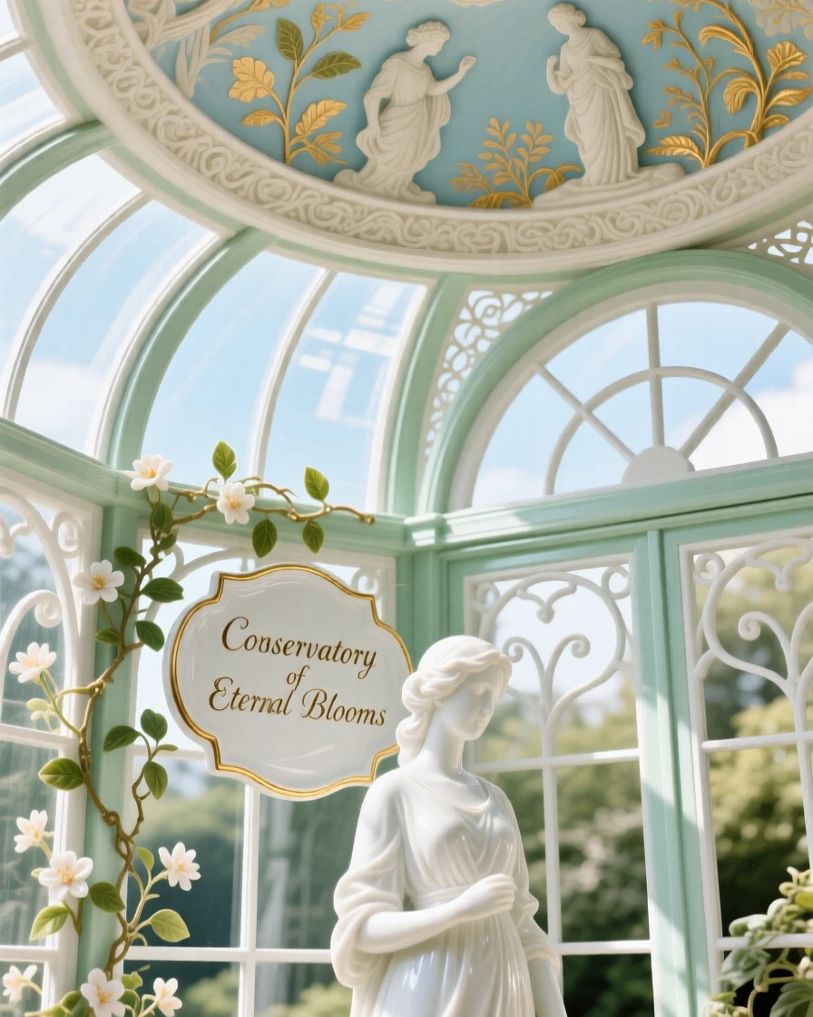 The ornate interior of a sunlit greenhouse conservatory, intricate ceiling frescoes overhead.
