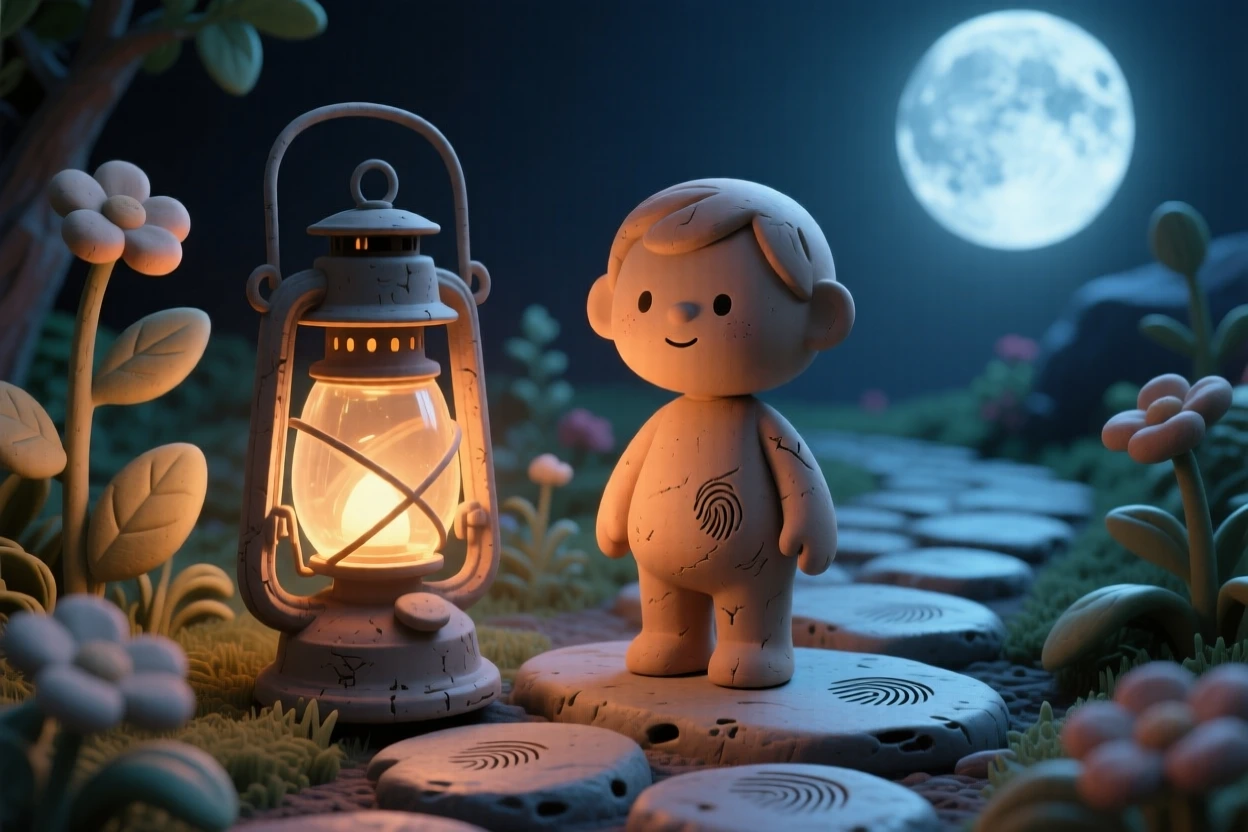 An antique lantern glowing softly beside a moonlit garden path