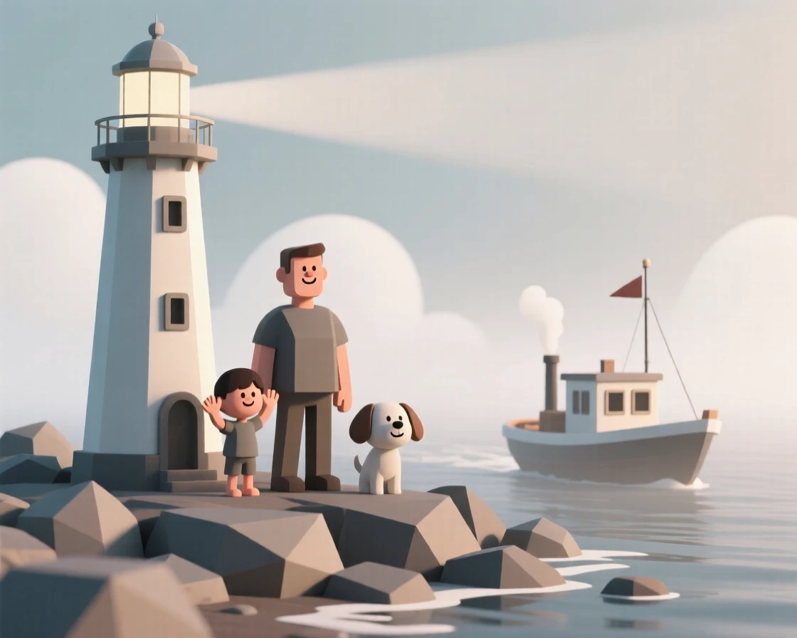 A proud lighthouse family waves from a rocky shore as a supply boat approaches through morning fog.