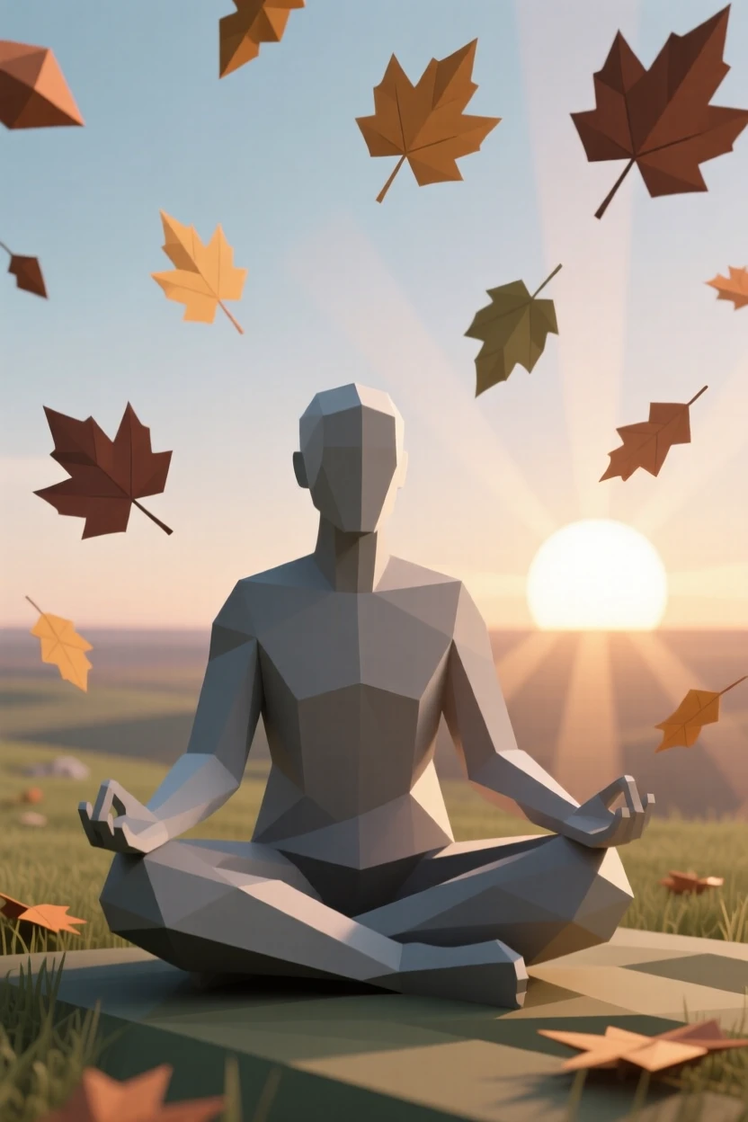 A person meditating quietly at sunrise, beneath falling autumn leaves. natural light enhances the authenticity of the scene. The scene radiates pure joy.