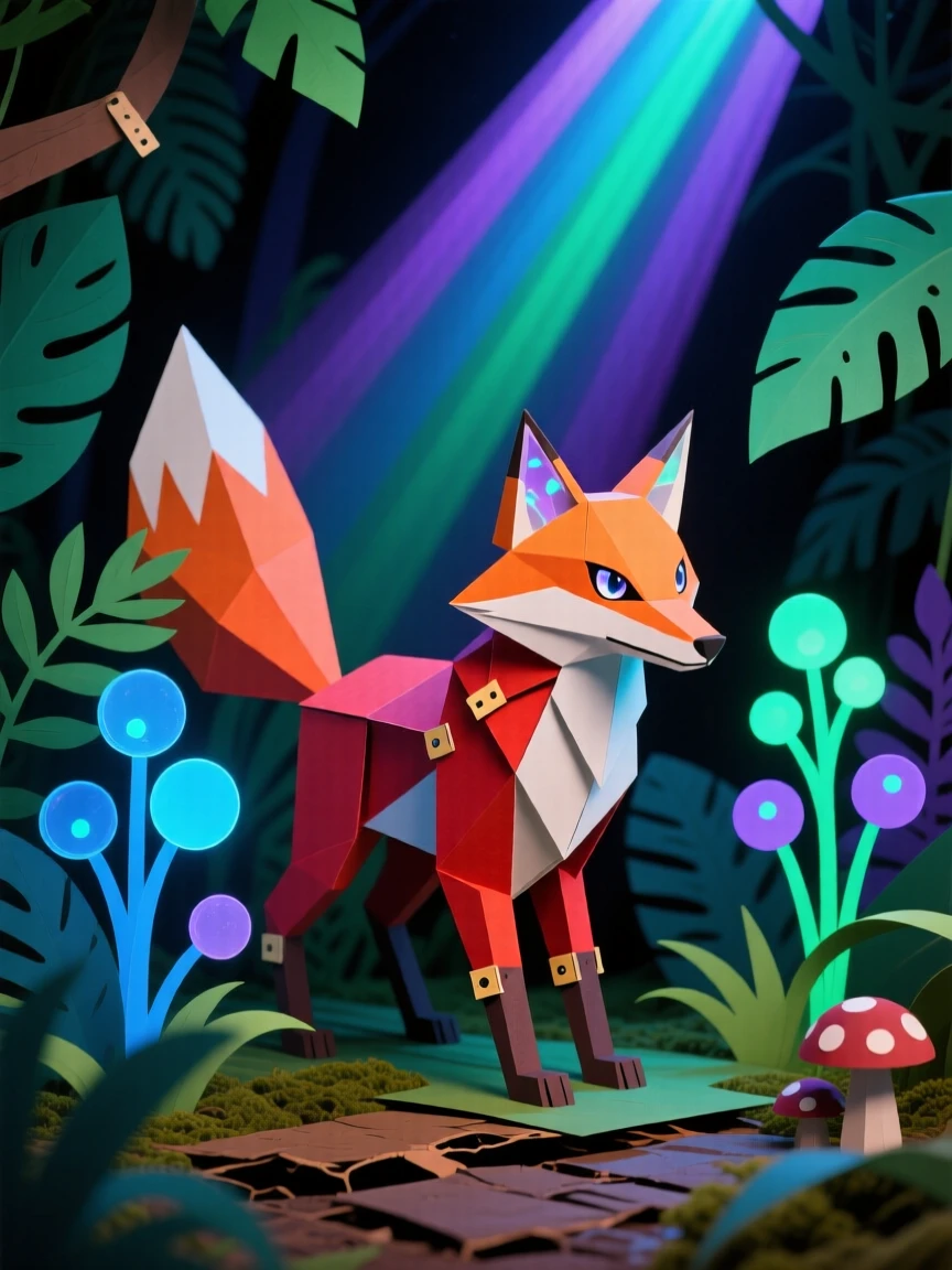 A shape-shifting fox spirit wandering through a bioluminescent jungle at night, with shafts of colored light piercing the darkness, evoking ancient power and mystery.