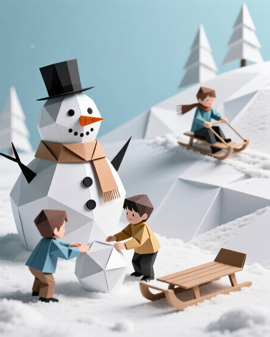 A snow day scene with children building a snowman and sledding down a hill.
