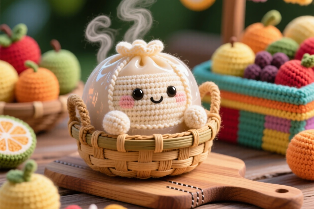 a plump dim sum character, wrapped in a delicate translucent skin, steaming in a bamboo basket, displayed in a bright summer fruit stand, with a rustic wooden serving board, radiating a cozy sense of shared treats.