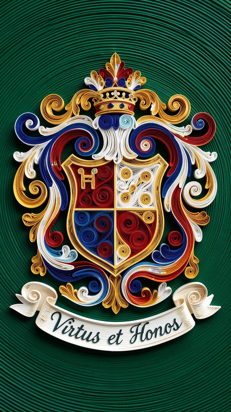 An elegant design featuring a decorative coat of arms with heraldic symbols, balanced with mirrored symmetry on both sides, with a subtle iridescent shimmer, set against a deep emerald background.