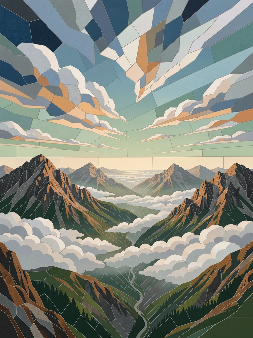A wide panoramic view of a misty valley seen from above with clouds rolling between mountain peaks, with dramatic clouds and rich natural color.