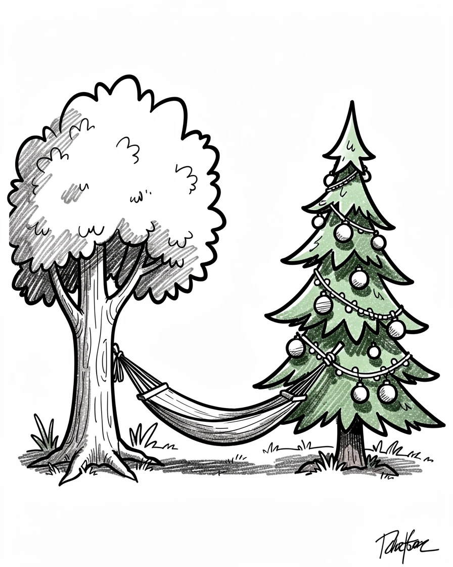 A hammock strung between two trees in summer beside a decorated evergreen tree.