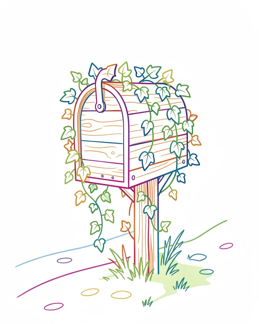 A rustic wooden mailbox covered in climbing ivy at the end of a lane.