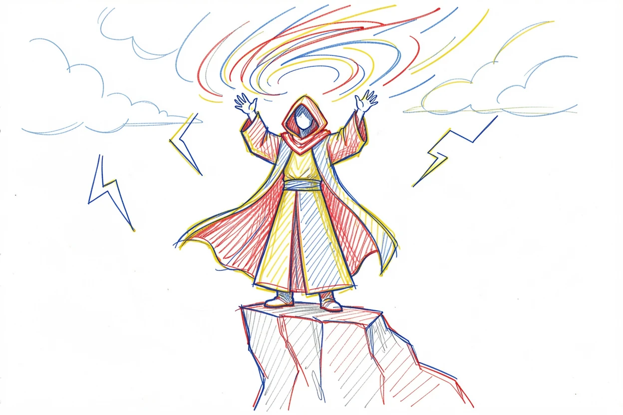 A hooded sorcerer standing atop a cliff summoning a storm