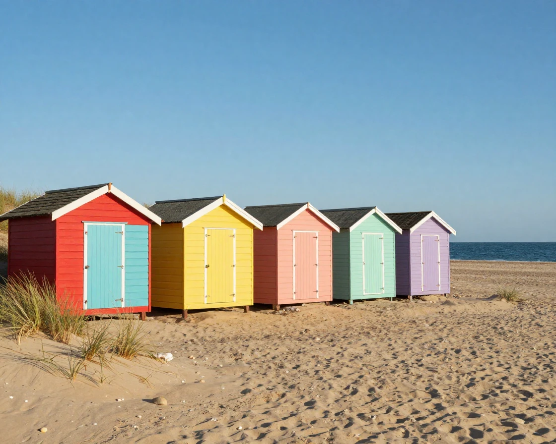 A row of colorful beach huts along a sandy shoreline