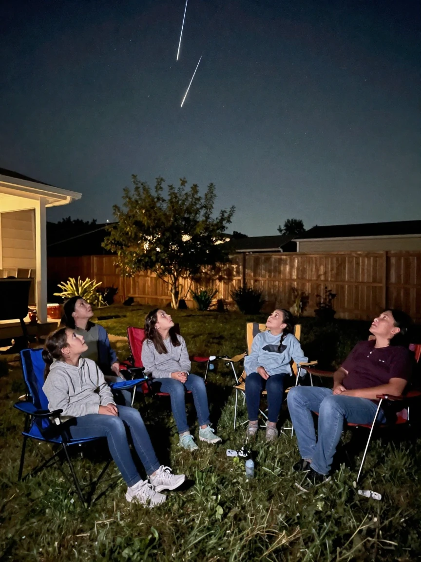 A family gathers to watch a meteor shower from lawn chairs in a dark backyard.
