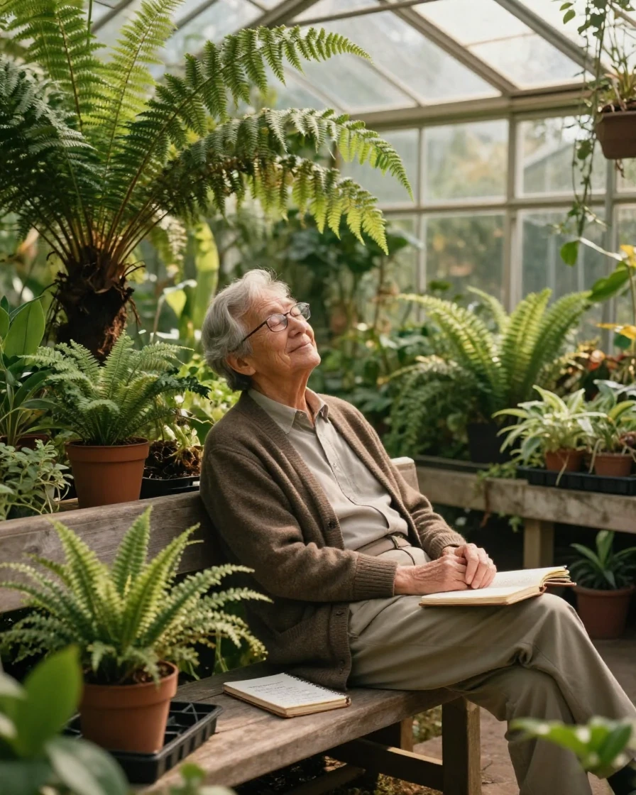 A retired teacher resting after a long day of work inside a sunlit greenhouse full of ferns, a gentle smile crossing their face