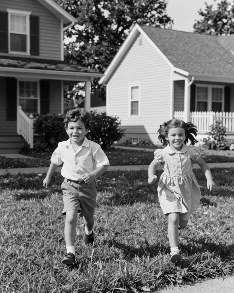 A pair of twins chase each other across the lawn in a suburban front yard.