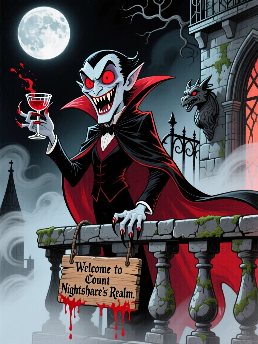 A vampire in an elegant cape standing atop a foggy castle balcony at midnight.