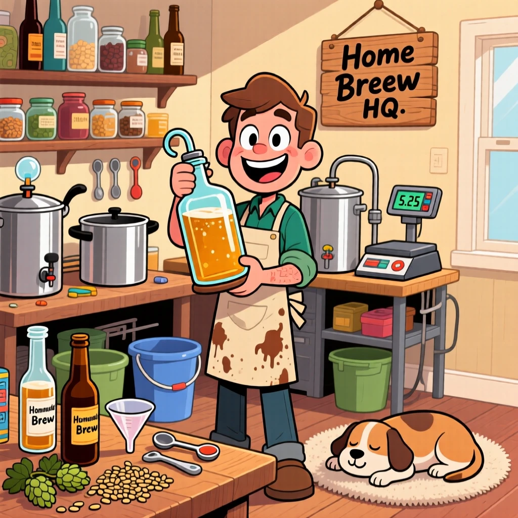An everyday-life snapshot of a home brewer, surrounded by all the tools of their craft, with a contented pet dozing close by.