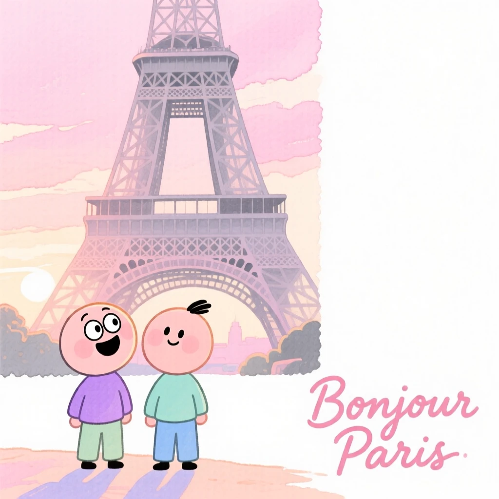 A dreamy travel postcard scene of the Eiffel Tower at soft pink dawn