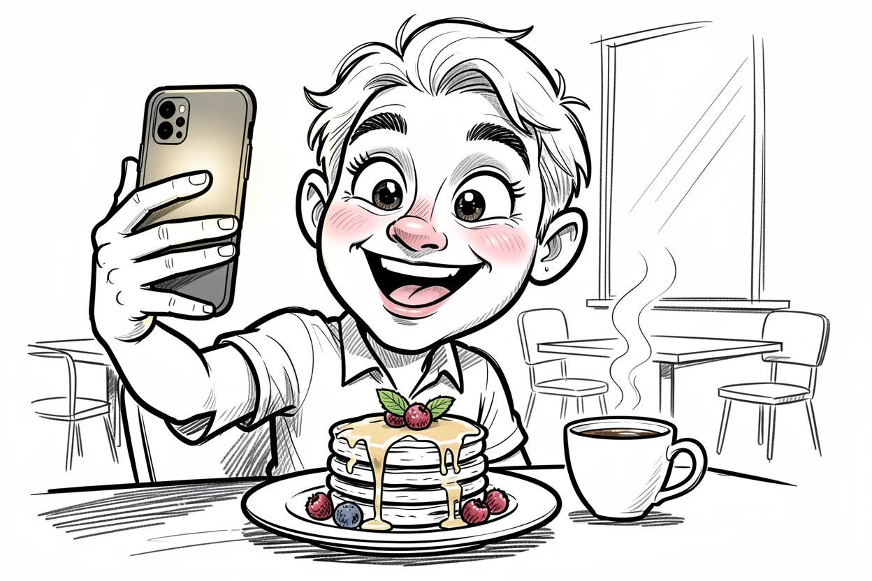 [Trending & Universal Topics] Modern lifestyle scene of a foodie snapping a photo of a beautifully plated brunch dish, capturing everyday joy