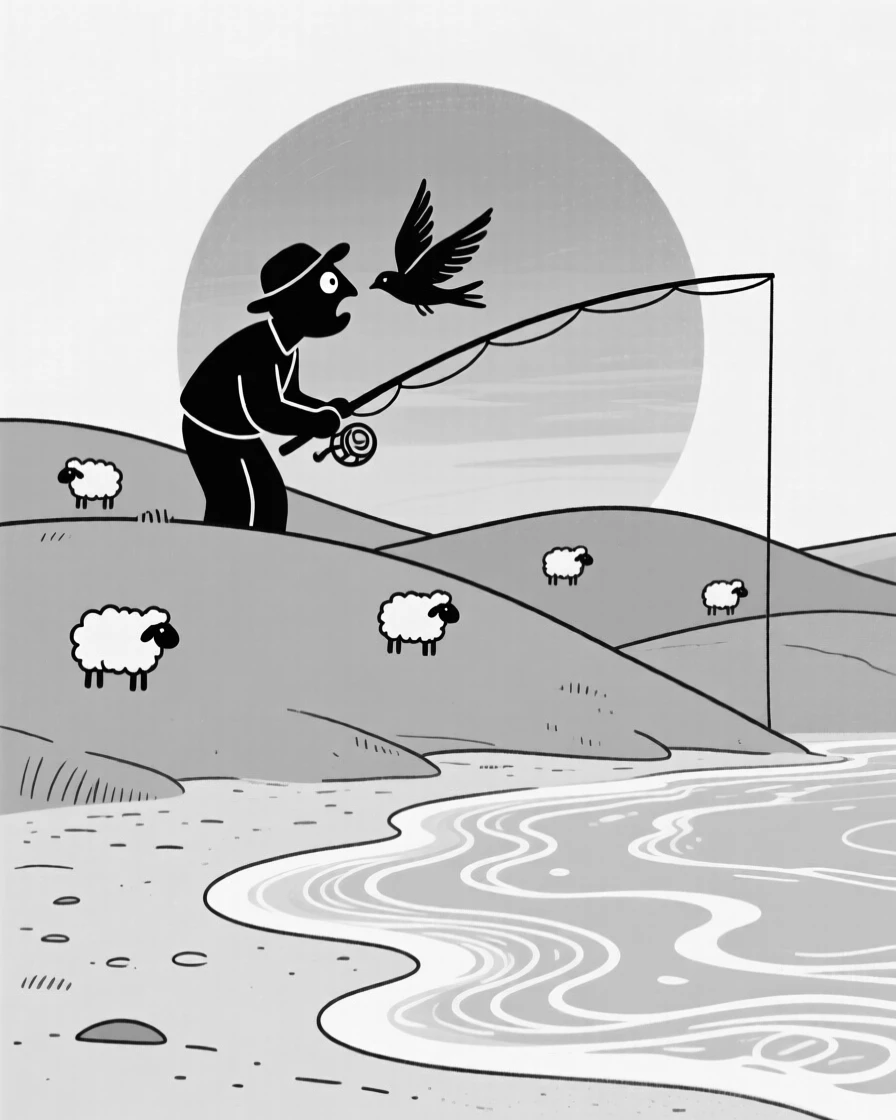 A fisherman silhouetted against a blazing sunset, ducking as wings flap past a startled face, set on a rolling green hillside dotted with sheep. Seafoam traces delicate patterns in the sand. There's a fresh, playful energy woven through the moment.