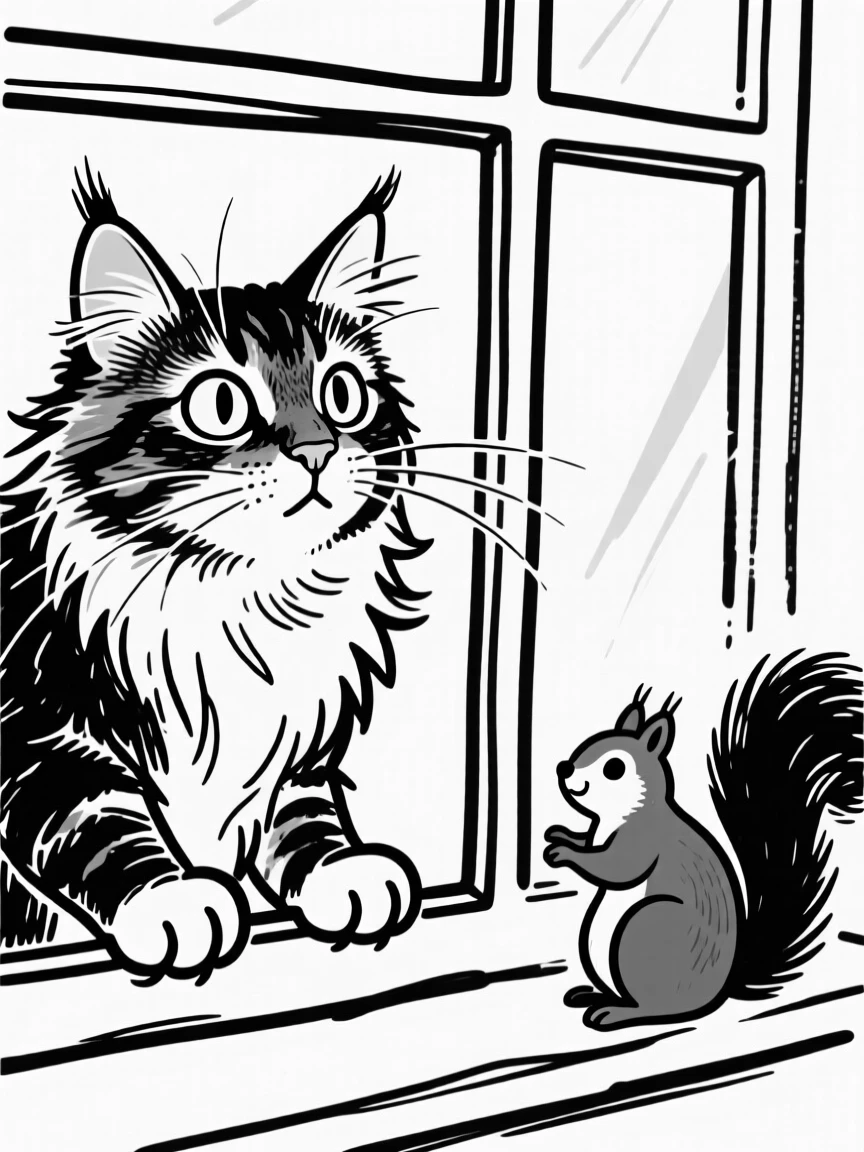A maine coon cat watching a squirrel through a window, paws pressed to the glass.