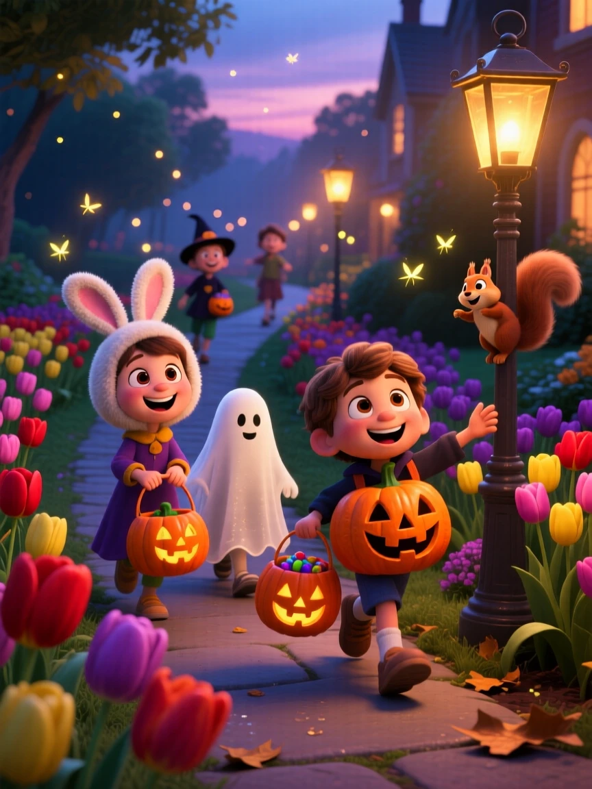 Trick-or-treaters walking down a lantern-lit street happens in a garden bursting with spring tulips, with fireflies flickering in the dusk. A bright, merry energy fills the entire scene.