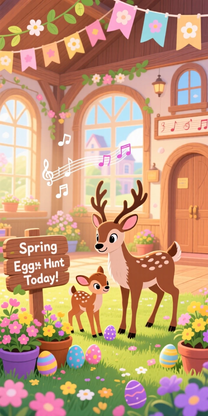 A reindeer and its fawn gather in a decorated town hall, hunting for hidden eggs in a spring garden, while soft carols play in the background.