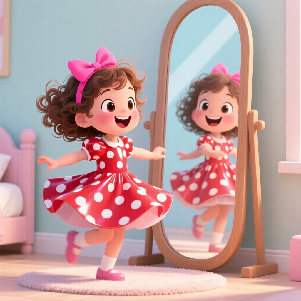 A little girl twirling in a new dress in front of a mirror.
