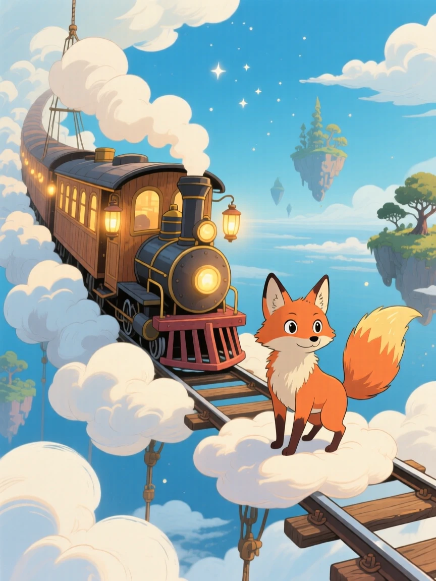 A train that runs on rails suspended among the clouds, where a fox with softly glowing fur can be seen nearby, the atmosphere quietly enchanting.