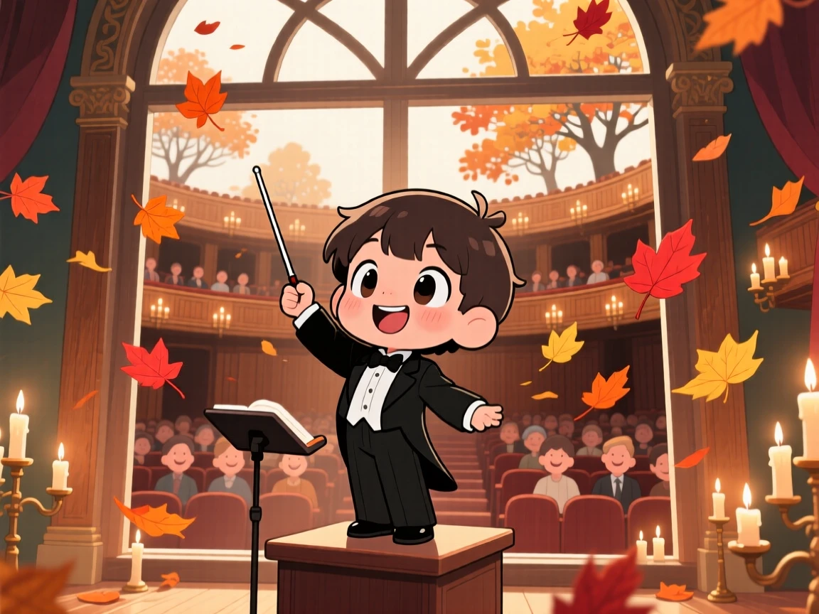 Framed through a window of a child conductor, waving a baton enthusiastically, in a grand concert hall, with autumn leaves swirling around, illuminated by gentle candlelight, radiating eager anticipation.