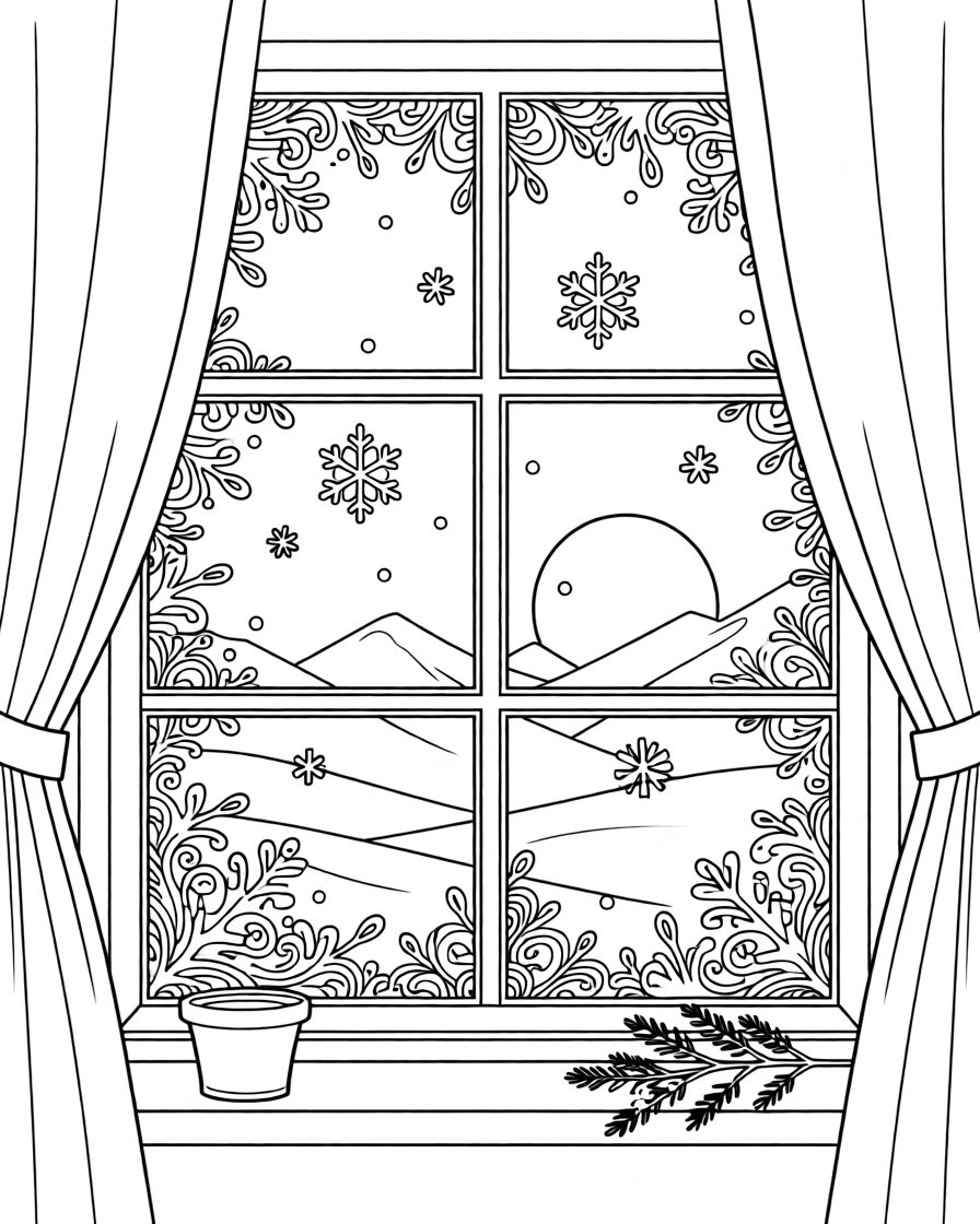 A frost-covered window with a view of falling snow, a full moon rising behind silhouetted mountains.