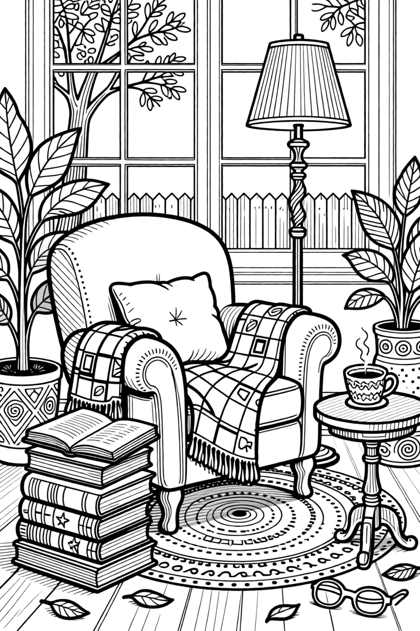 A quiet reading corner with a stack of books and a warm blanket.