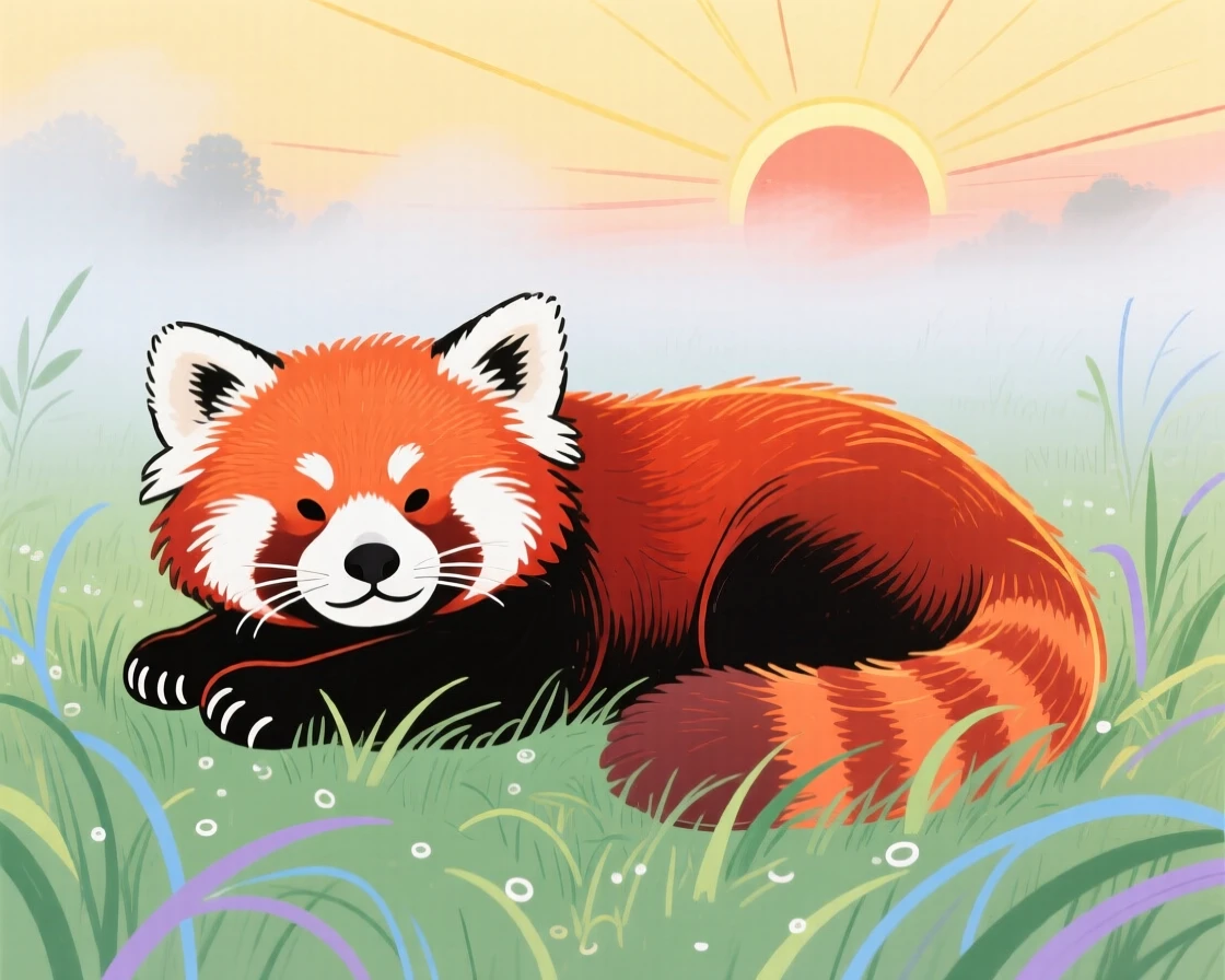 A red panda resting in a misty morning field at sunrise.