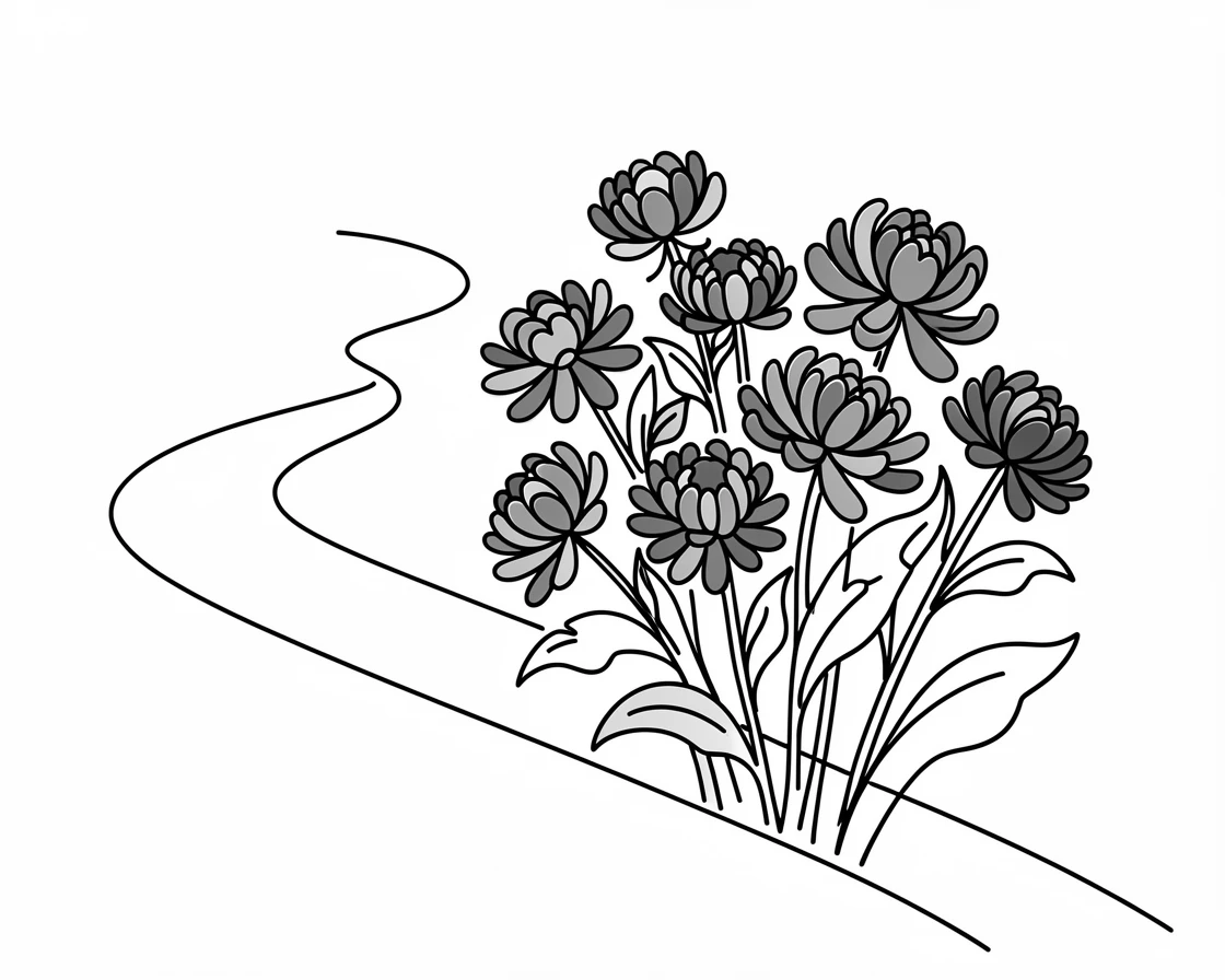 A cluster of chrysanthemums blooming in autumn shades along a path