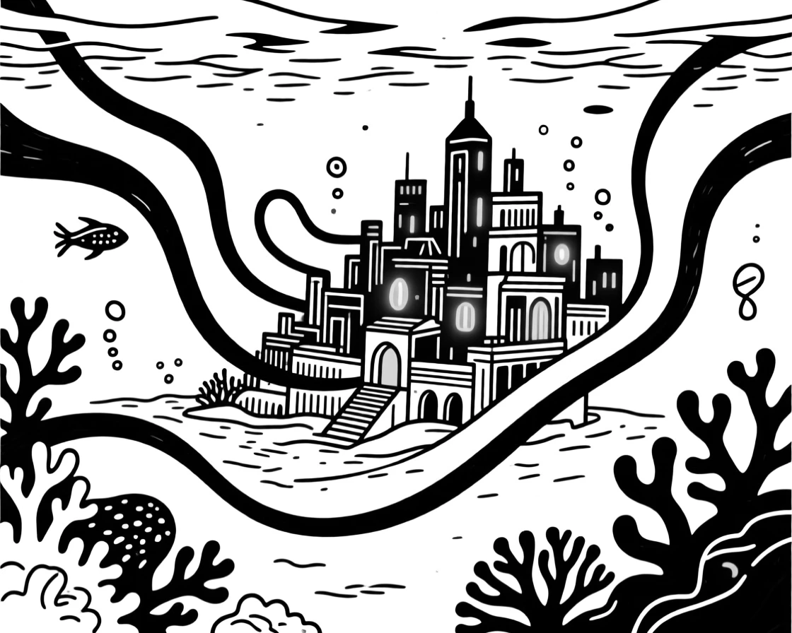 A hidden underwater city glowing with bioluminescent light.