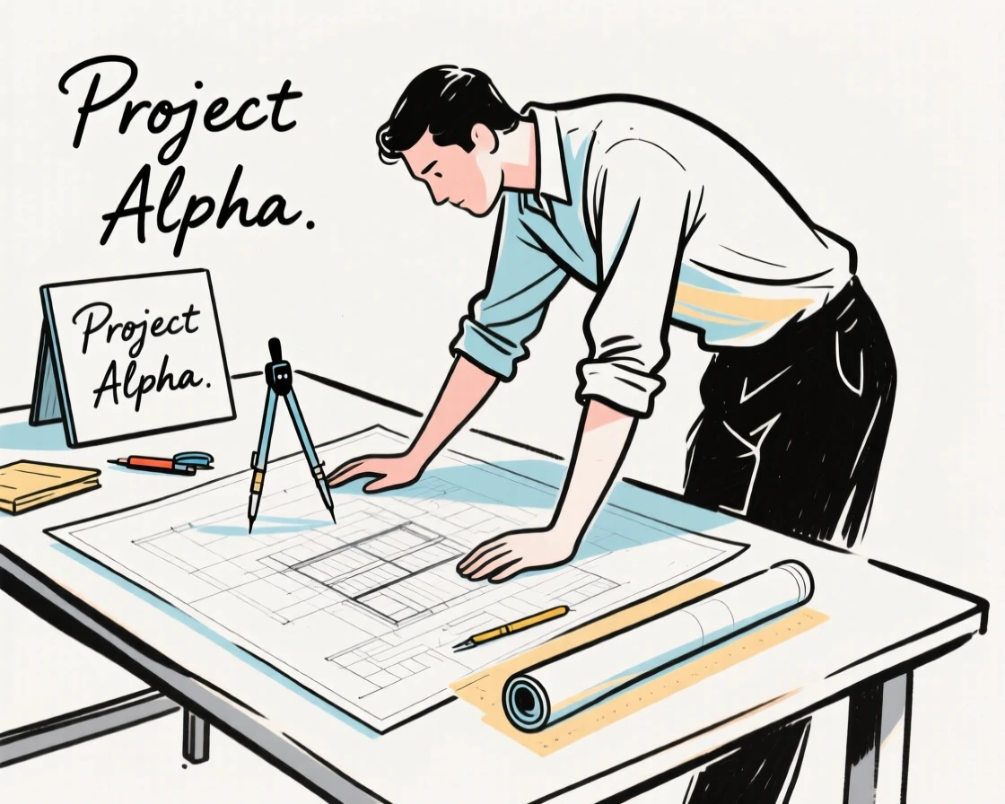An architect reviewing blueprints spread across a drafting table.