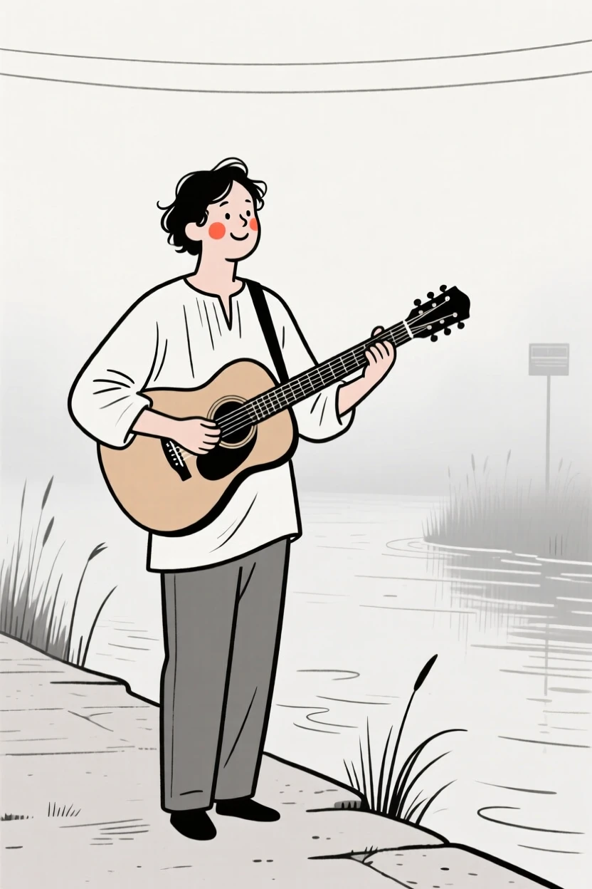 A street of greek heritage musician playing guitar, smiling shyly, on a misty riverbank.