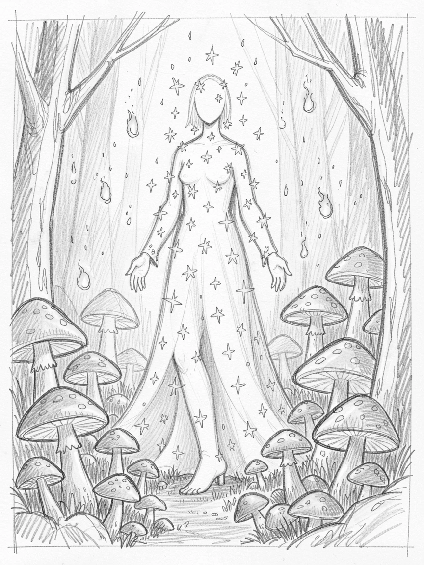 A celestial being made of starlight, within a forest of glowing mushrooms, with embers drifting gently upward.