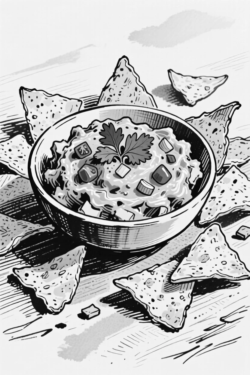 A bowl of fresh guacamole surrounded by crispy tortilla chips.