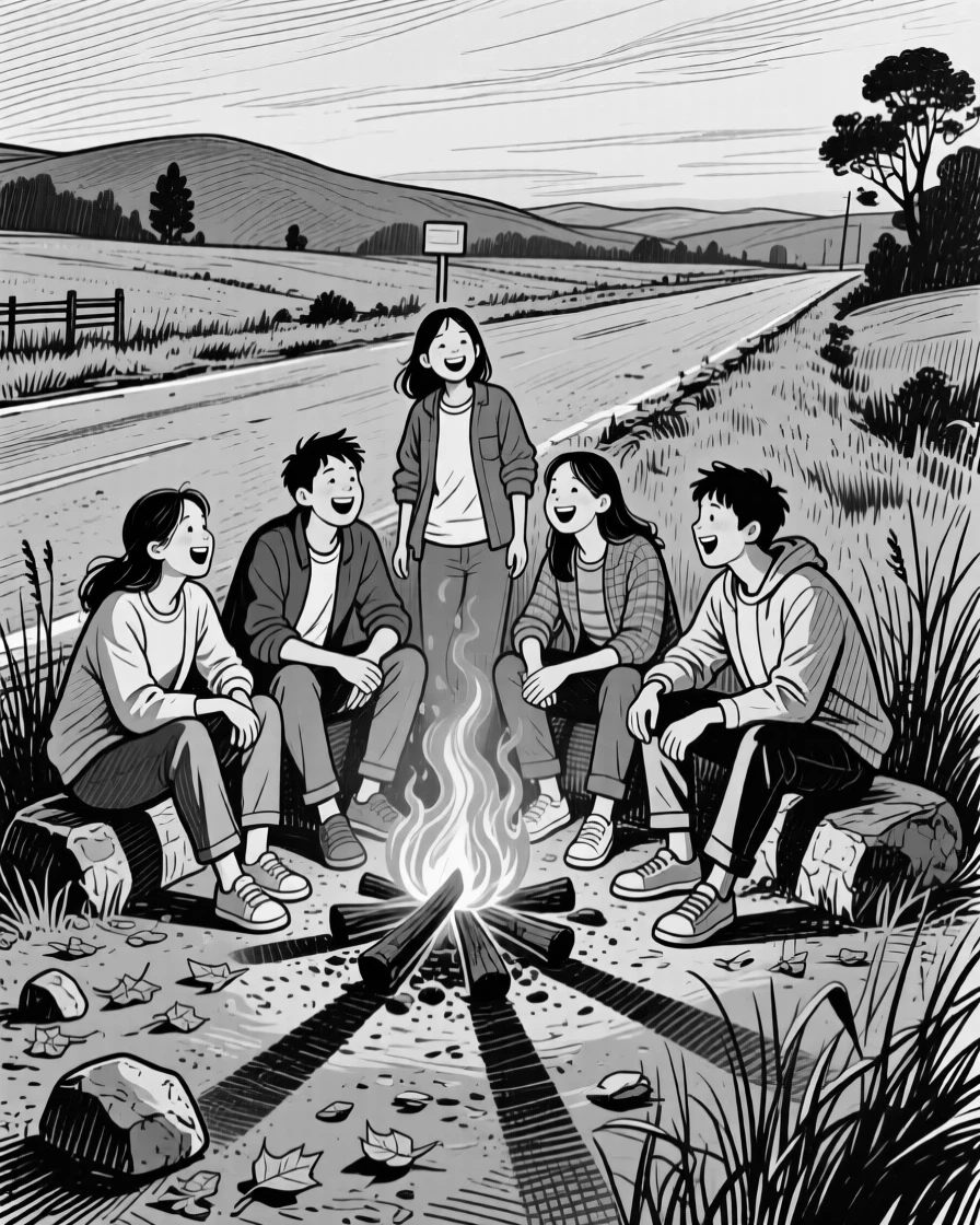 A group of friends laughing around a campfire on a quiet countryside road, with long shadows stretching across the ground, creating a lighthearted and playful lifestyle scene.
