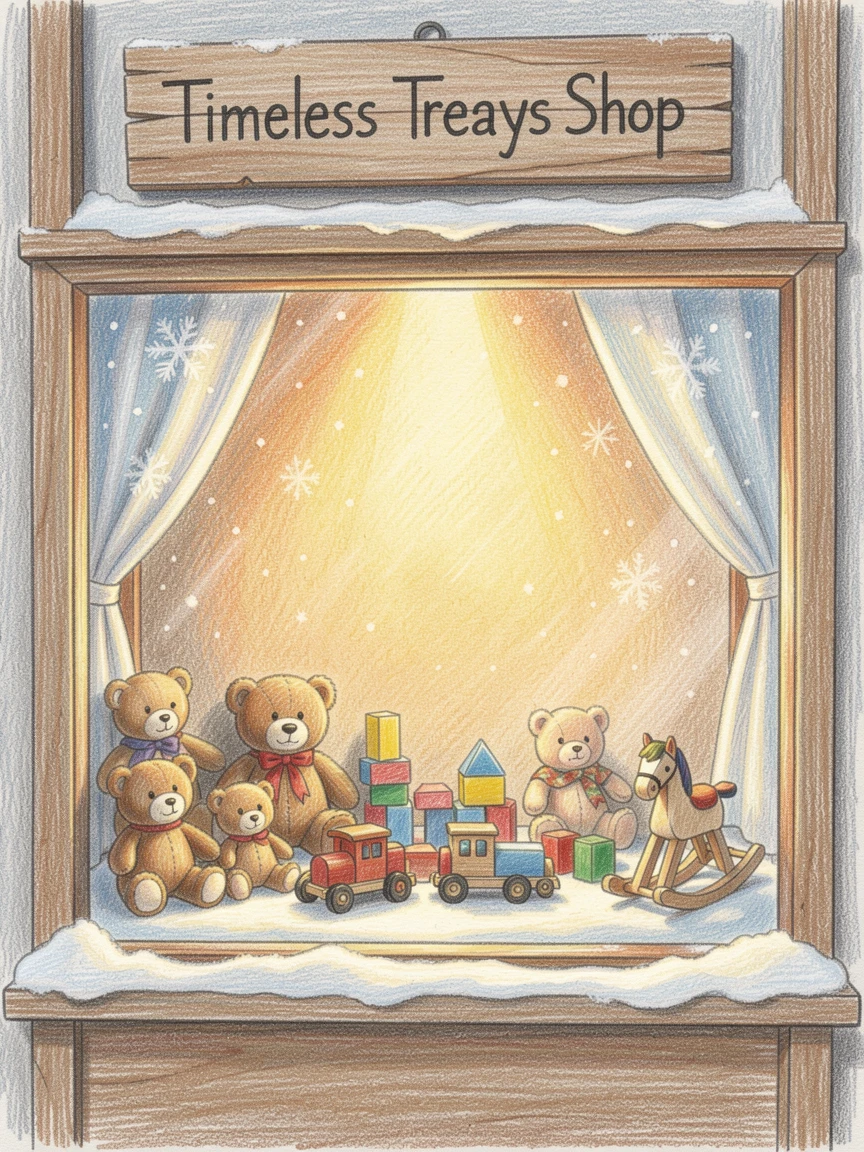 A cozy toy shop window display glowing during a snowy evening, bathed in the warm glow of golden-hour light, evoking warmth, beauty, and a lasting sense of wonder.