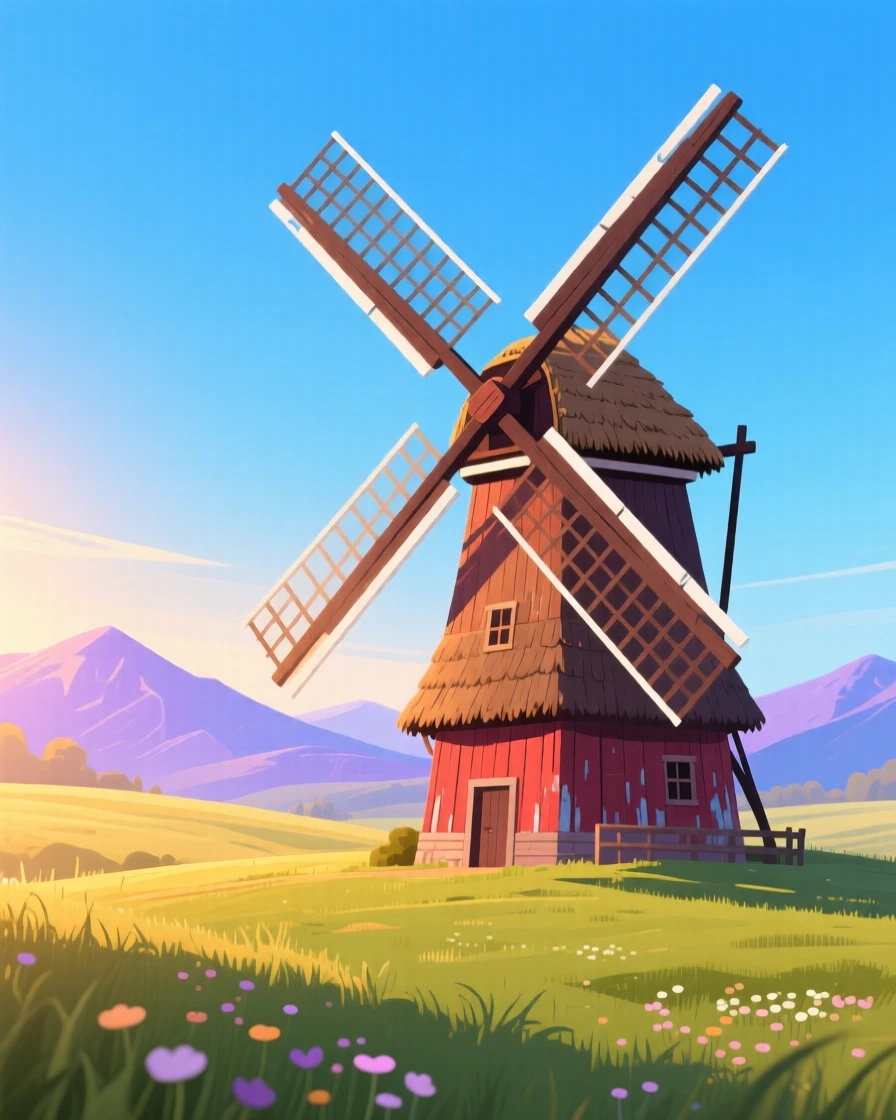 A traditional windmill turning against a bright blue sky, with distant mountains fading into soft haze, captured with warm inviting light filling the frame, with a nostalgic, postcard-like charm.