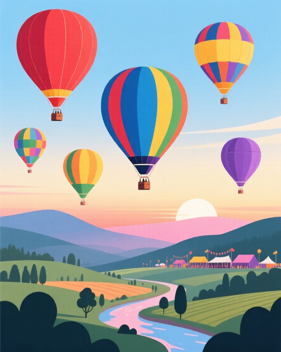 A colorful hot air balloon festival floating over a scenic valley at dawn.