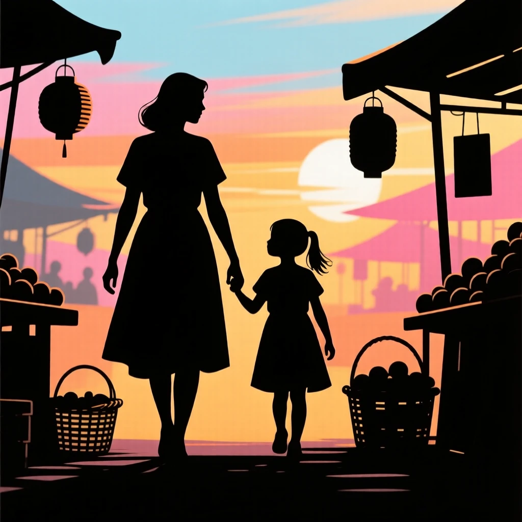 A mother and daughter matching outfits, walking hand in hand through a market.