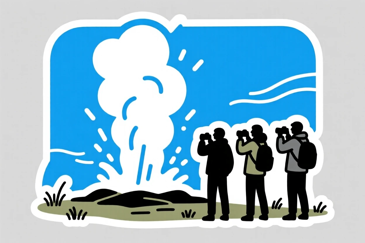 A charmingly authentic Icelandic geyser erupting against a blue sky, with a gentle breeze moving through the scene, as travelers pass by with cameras ready.