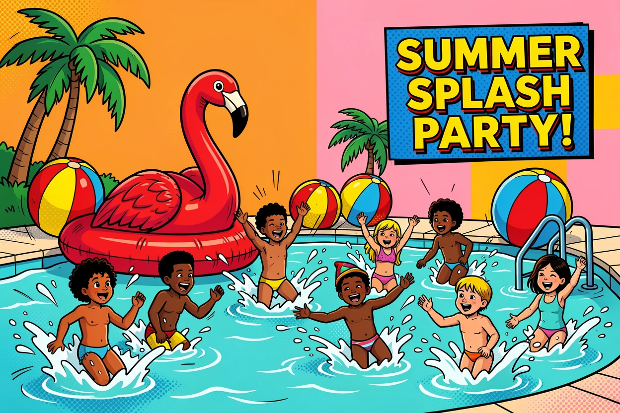 A summer pool party with elaborate floats and splashing kids