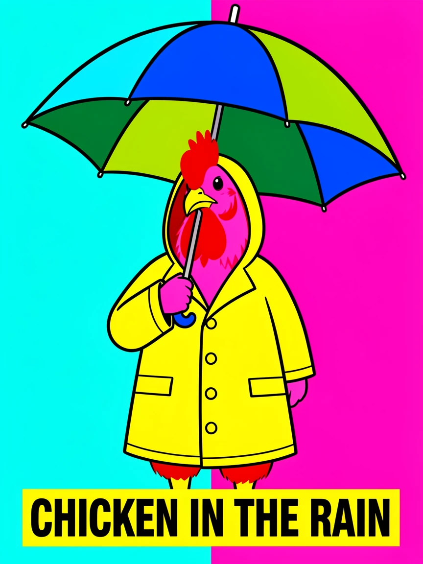 Chicken wearing a raincoat under an umbrella