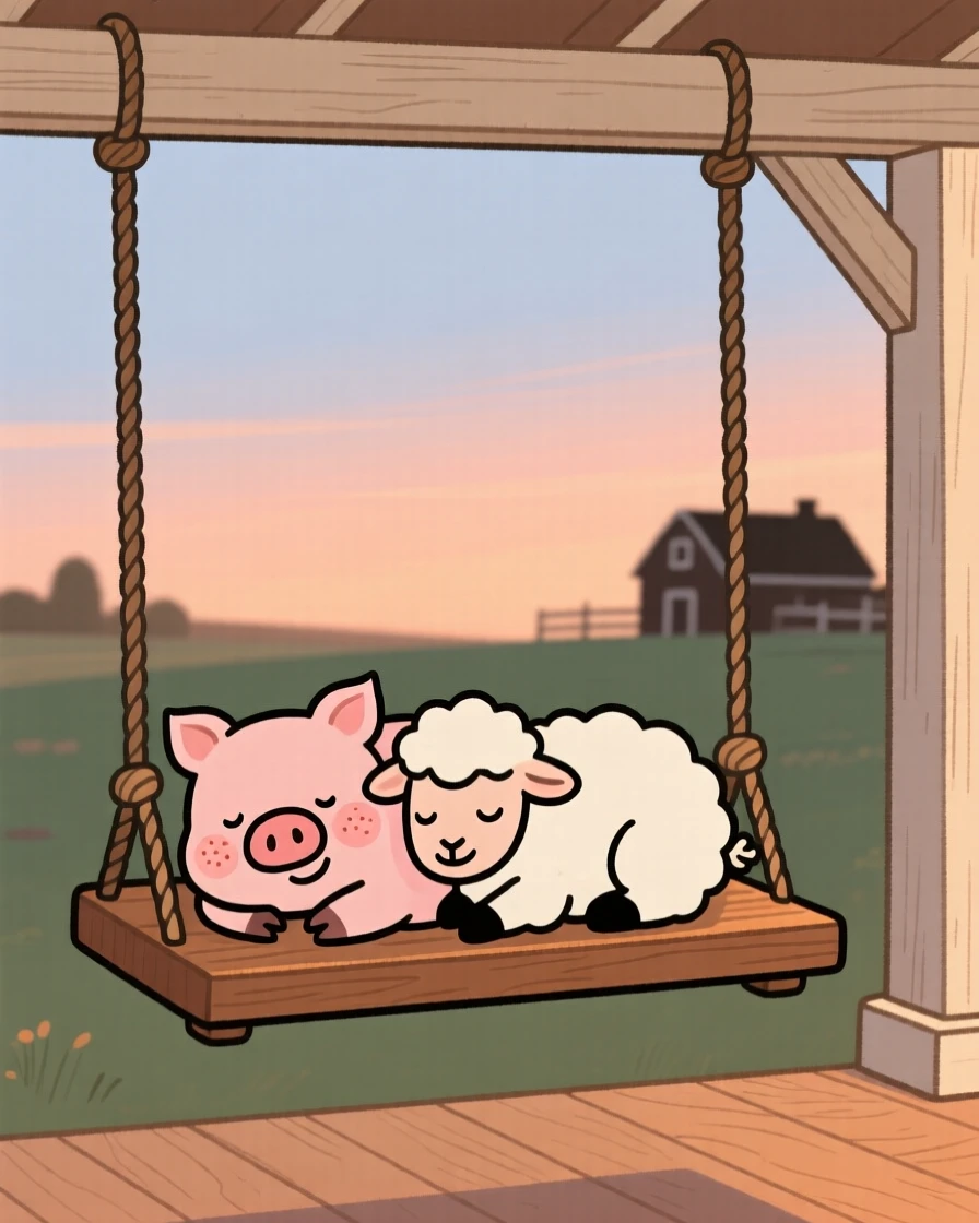 A piglet curls up beside a sleeping lamb on a porch swing, both worn out after an afternoon of exploring the barn.